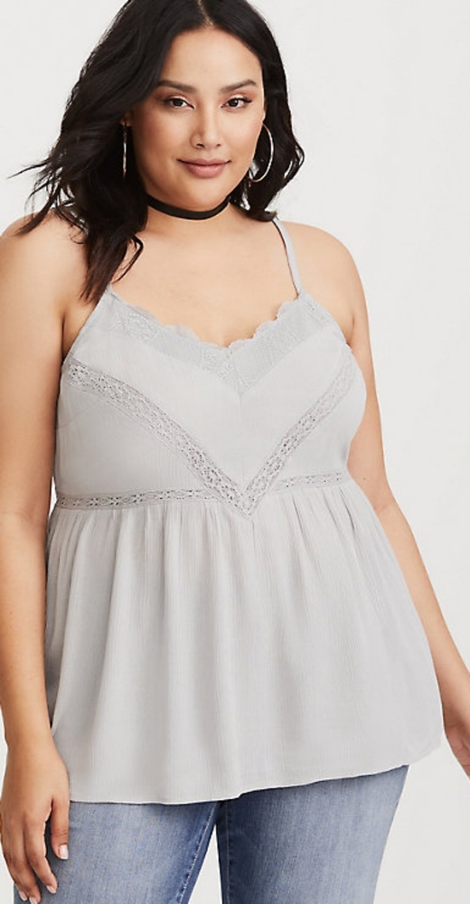 Torrid GREY GAUZE LACE INSET CAMI